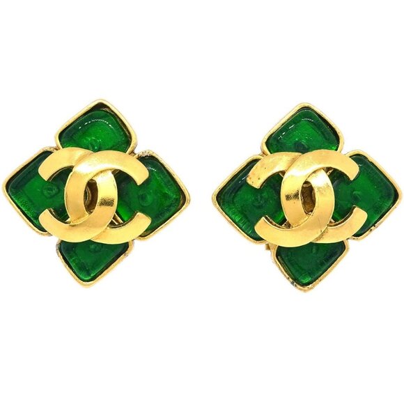Chanel Gripoix Rhombus Earrings Clip-On Gold Green - Picture 1 of 16